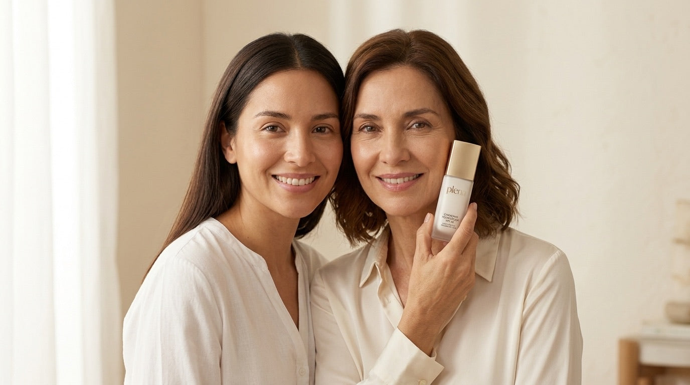 Foto principal: dos mujeres chilenas, una de unos 50 y otra de unos 30, piel luminosa y natural, con el frasco de Plena.