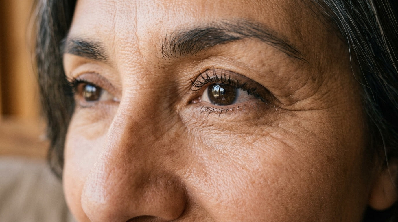 Primer plano del contorno de ojos de una mujer madura: líneas de expresión suaves, piel lisa y luminosa.
