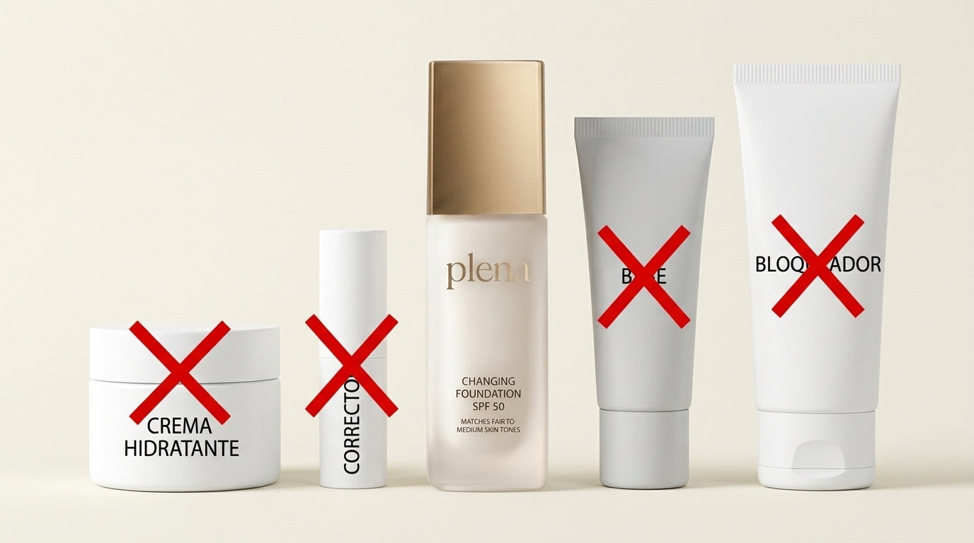 Un solo frasco de Plena al centro y, alrededor, los cuatro productos que reemplaza: crema, corrector, base y bloqueador.