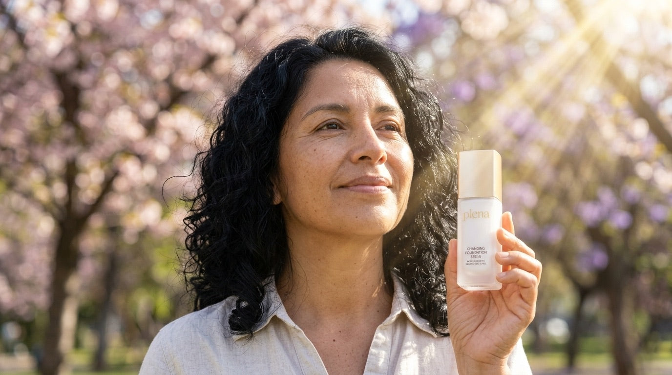 Mujer madura al sol de primavera, con la piel pareja y luminosa, sin brillo ni cara blanca.