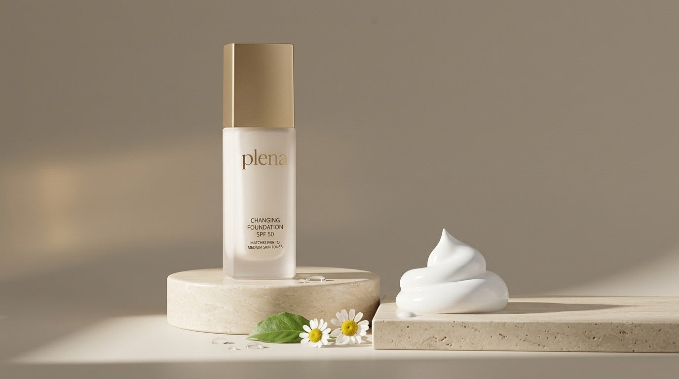 La textura blanca de Plena sobre una superficie clara, junto a una hoja verde y una gota de sérum.