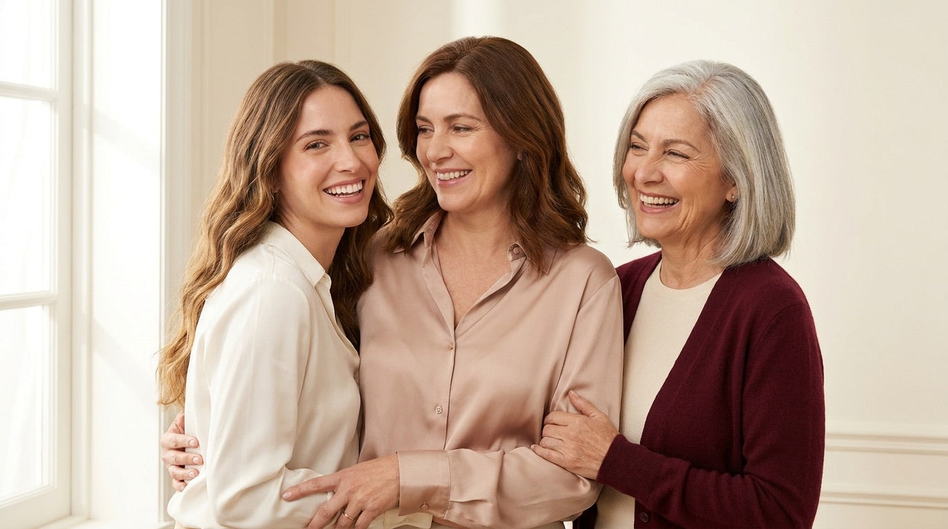 Tres mujeres chilenas de 40, 50 y 60 años, cada una con la piel pareja y su propio tono.