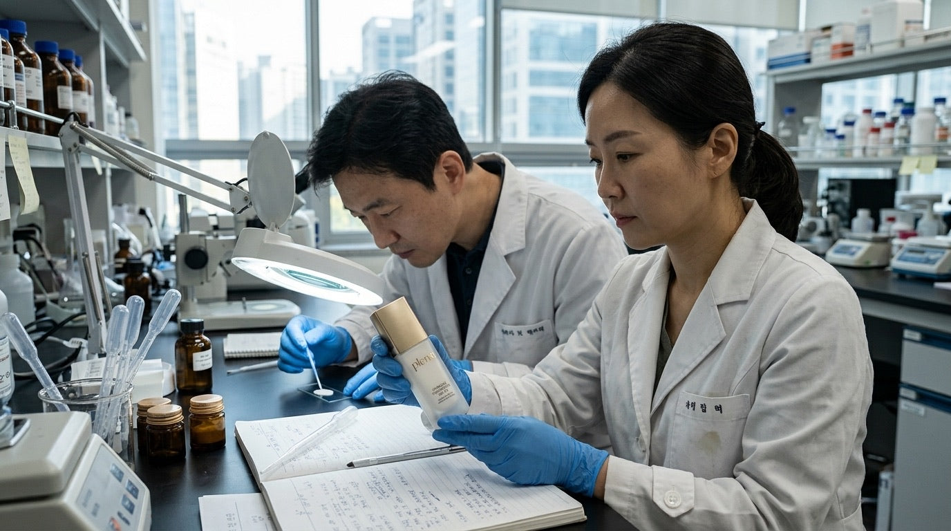 Laboratorio en Corea: dermatólogos revisando la fórmula, o el sello de la patente junto al frasco de Plena.