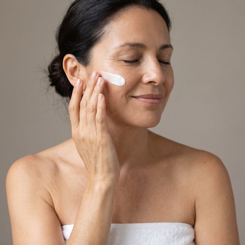 Mujer aplicándose un trazo de crema blanca en el pómulo con las yemas de los dedos
