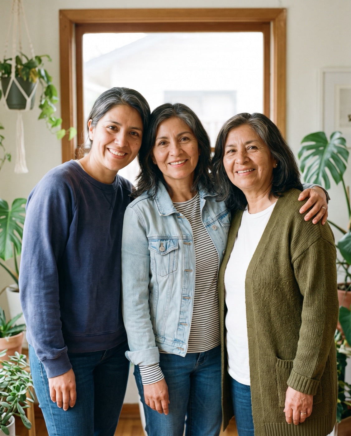 Tres mujeres de distintas edades, sonriendo juntas