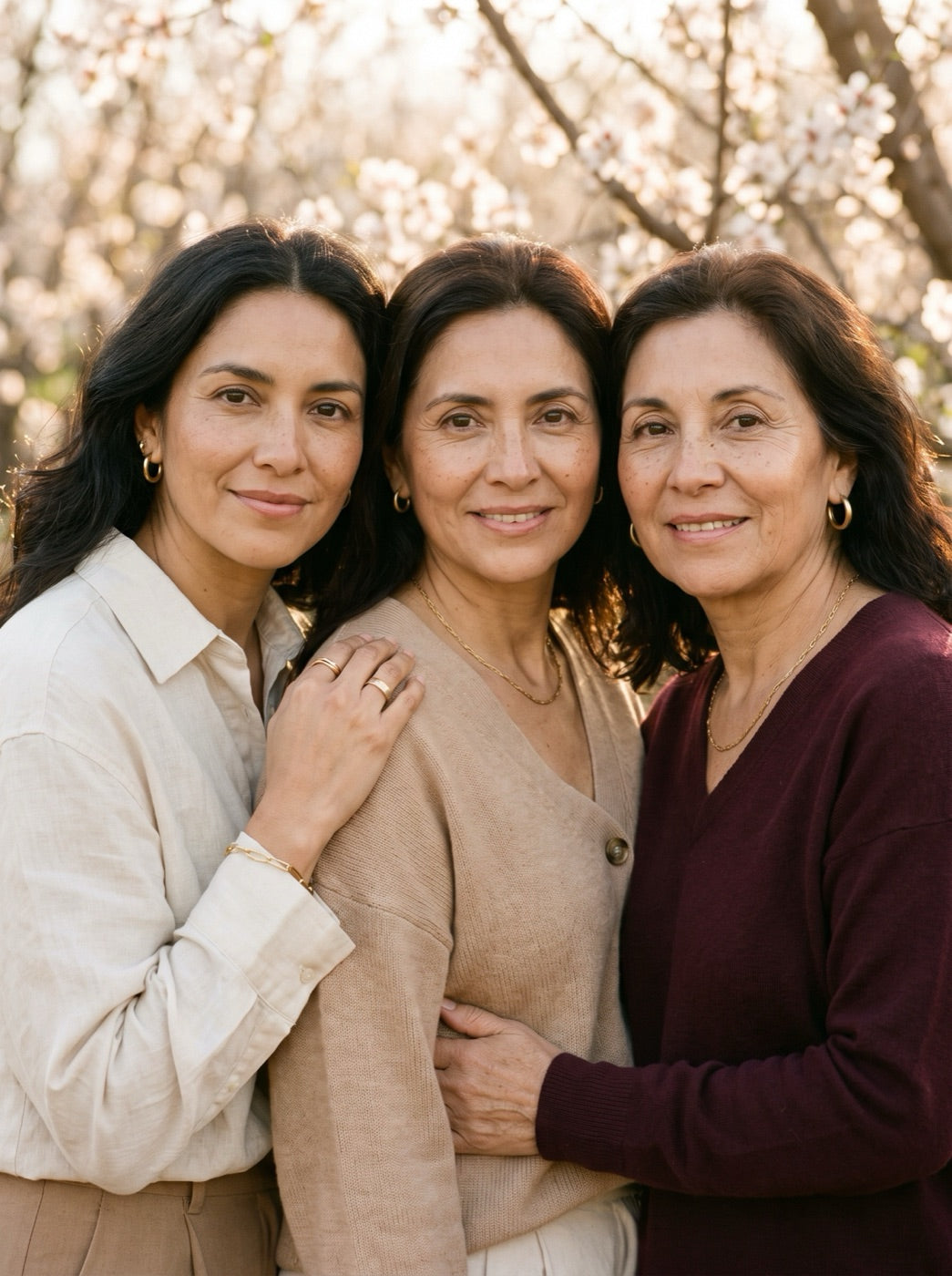 Tres mujeres chilenas de distintas edades, sonrientes, en tonos neutros
